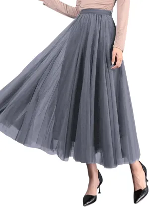 Women Tulle Tutu Midi Skirts Solid Color Layered Pleated A-Line Skirts Elastic Waist Mesh Long Skirts