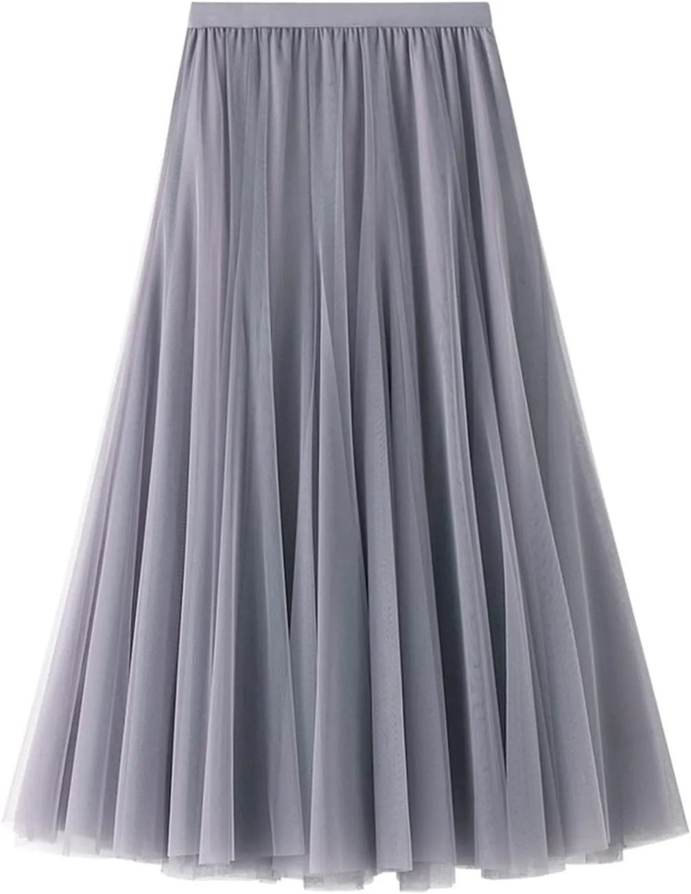 Women Tulle Tutu Midi Skirts Solid Color Layered Pleated A-Line Skirts Elastic Waist Mesh Long Skirts