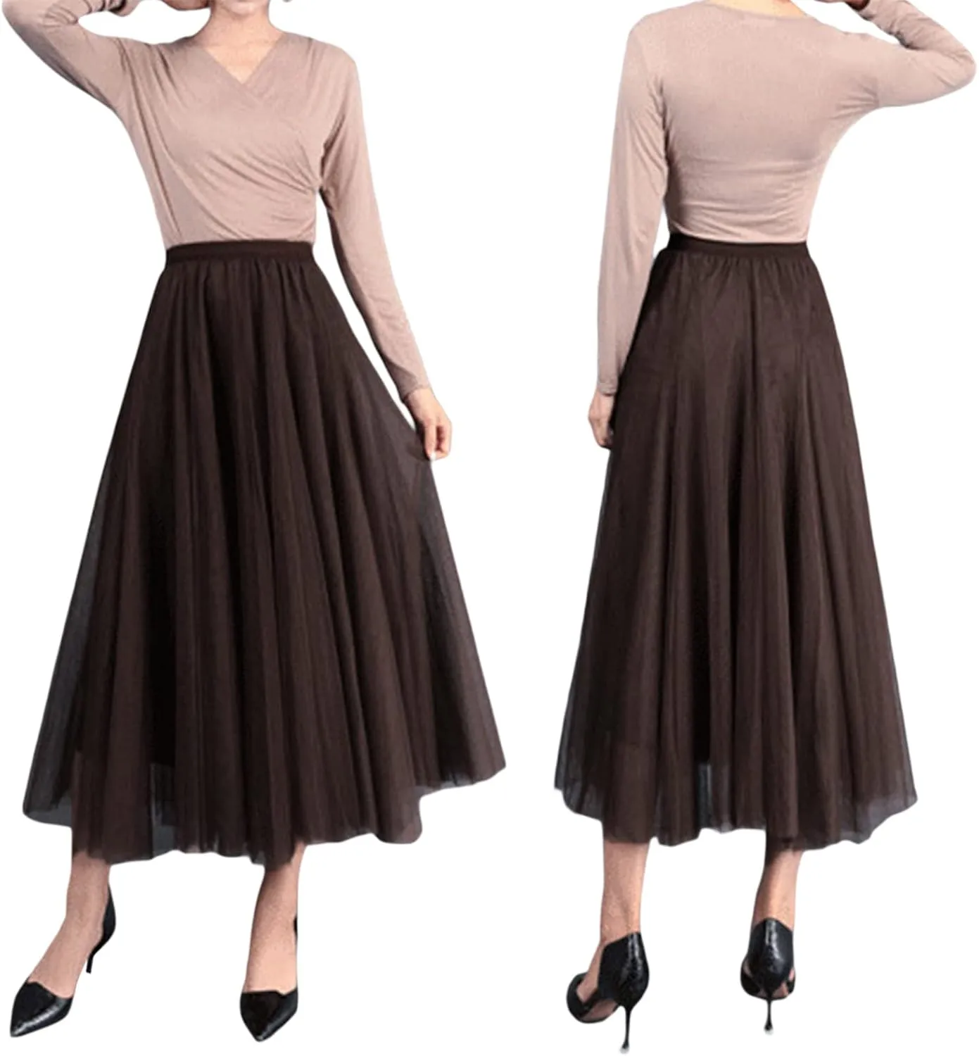 Women Tulle Tutu Midi Skirts Solid Color Layered Pleated A-Line Skirts Elastic Waist Mesh Long Skirts