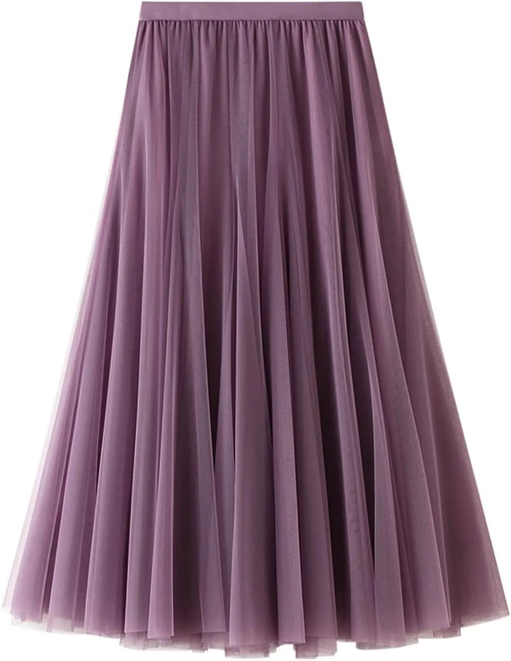 Women Tulle Tutu Midi Skirts Solid Color Layered Pleated A-Line Skirts Elastic Waist Mesh Long Skirts