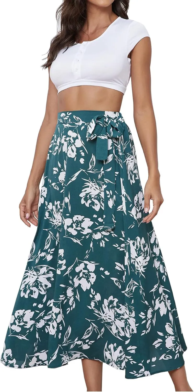 Womens A Line Pleated Beach Midi Skirts Summer Floral Ruffle Tie Waist Cute Skirts