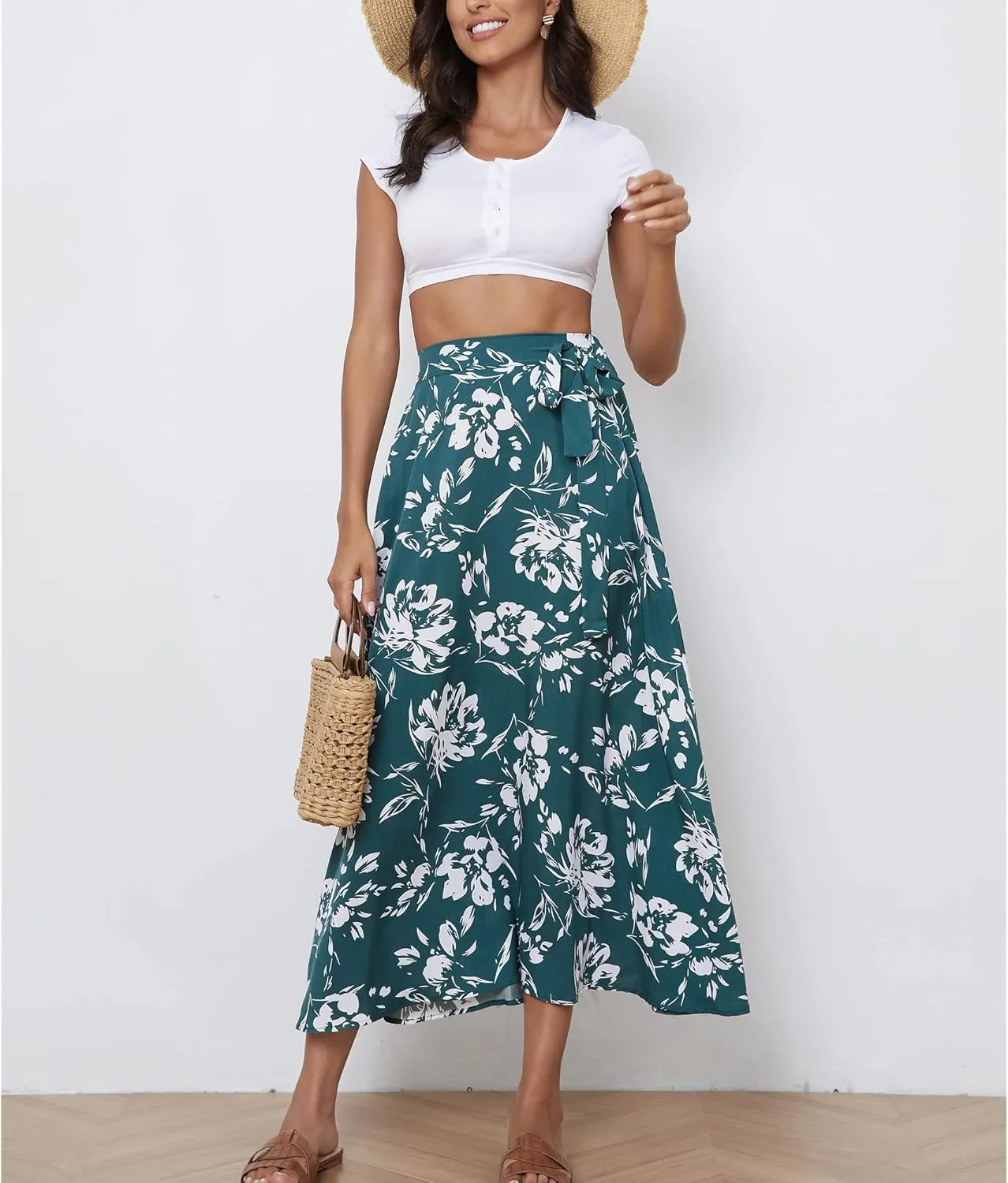 Womens A Line Pleated Beach Midi Skirts Summer Floral Ruffle Tie Waist Cute Skirts
