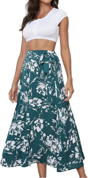 Womens A Line Pleated Beach Midi Skirts Summer Floral Ruffle Tie Waist Cute Skirts