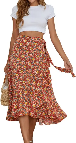 Womens A Line Pleated Beach Midi Skirts Summer Floral Ruffle Tie Waist Cute Skirts