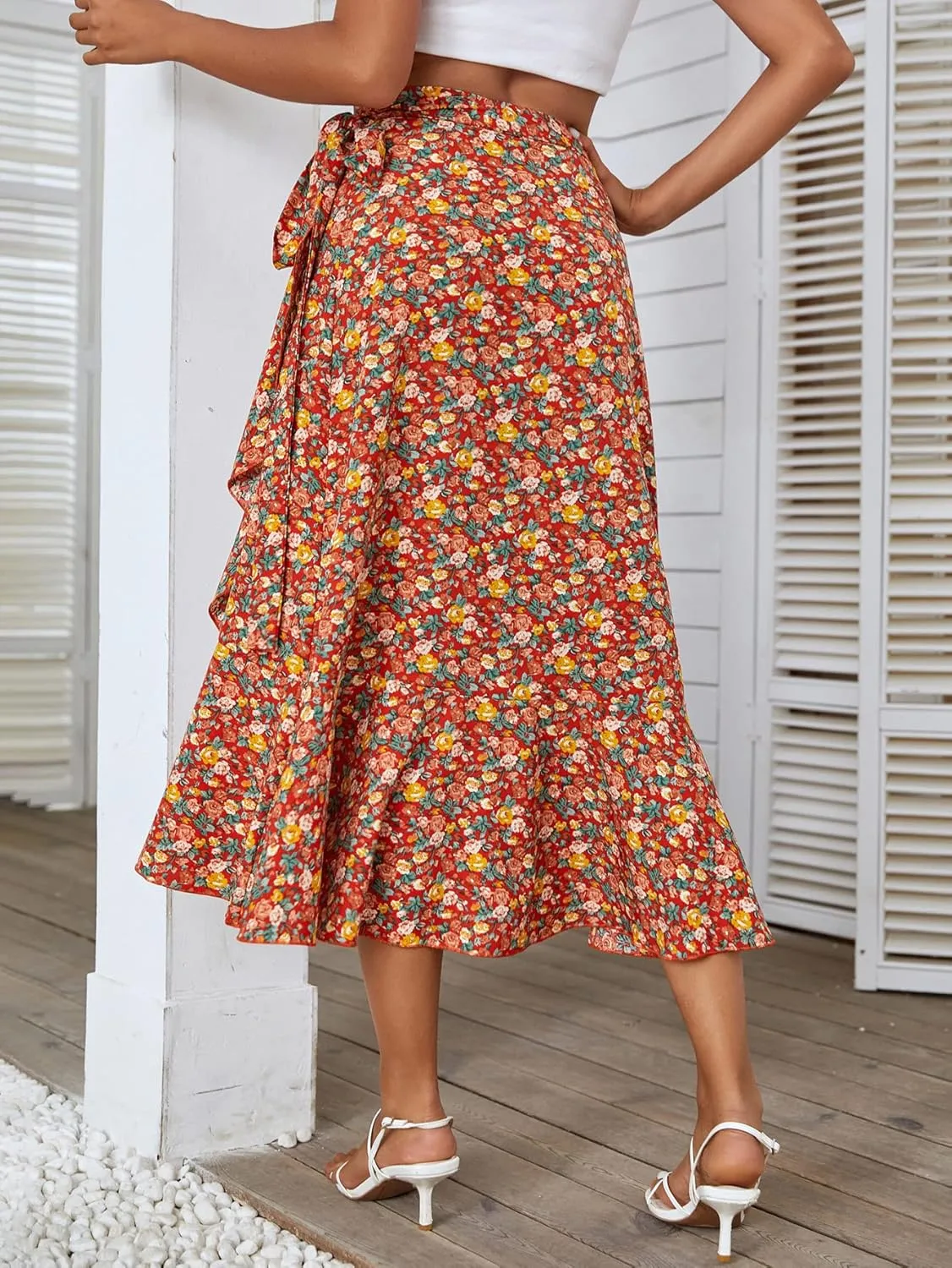 Womens A Line Pleated Beach Midi Skirts Summer Floral Ruffle Tie Waist Cute Skirts