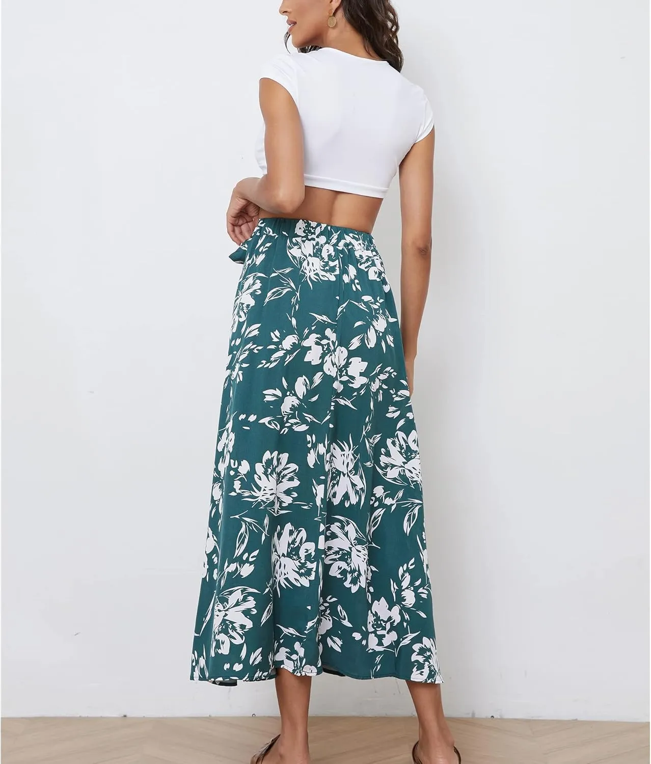 Womens A Line Pleated Beach Midi Skirts Summer Floral Ruffle Tie Waist Cute Skirts