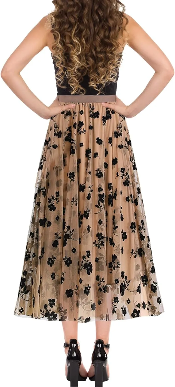 Women's A Line Tulle Midi Skirt Tutu Tiered Petticoat Skirts Tea-Length Elastic Waist Tutu Skirts