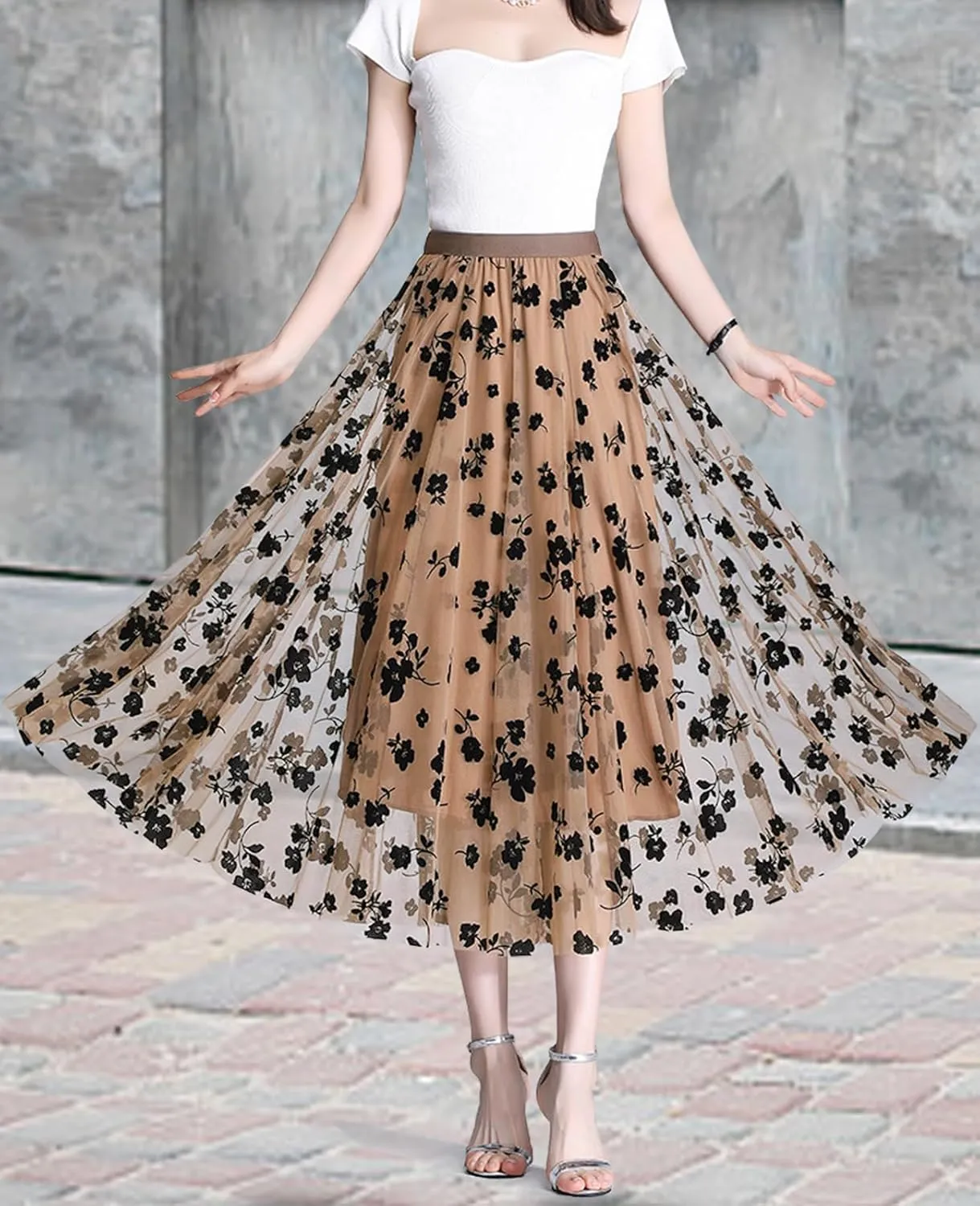 Women's A Line Tulle Midi Skirt Tutu Tiered Petticoat Skirts Tea-Length Elastic Waist Tutu Skirts