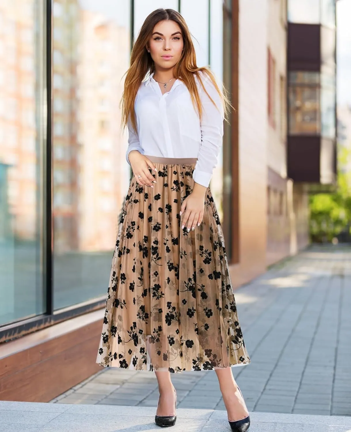 Women's A Line Tulle Midi Skirt Tutu Tiered Petticoat Skirts Tea-Length Elastic Waist Tutu Skirts