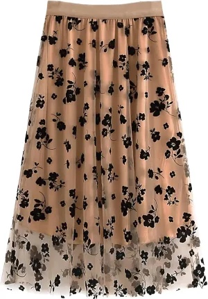 Women's A Line Tulle Midi Skirt Tutu Tiered Petticoat Skirts Tea-Length Elastic Waist Tutu Skirts