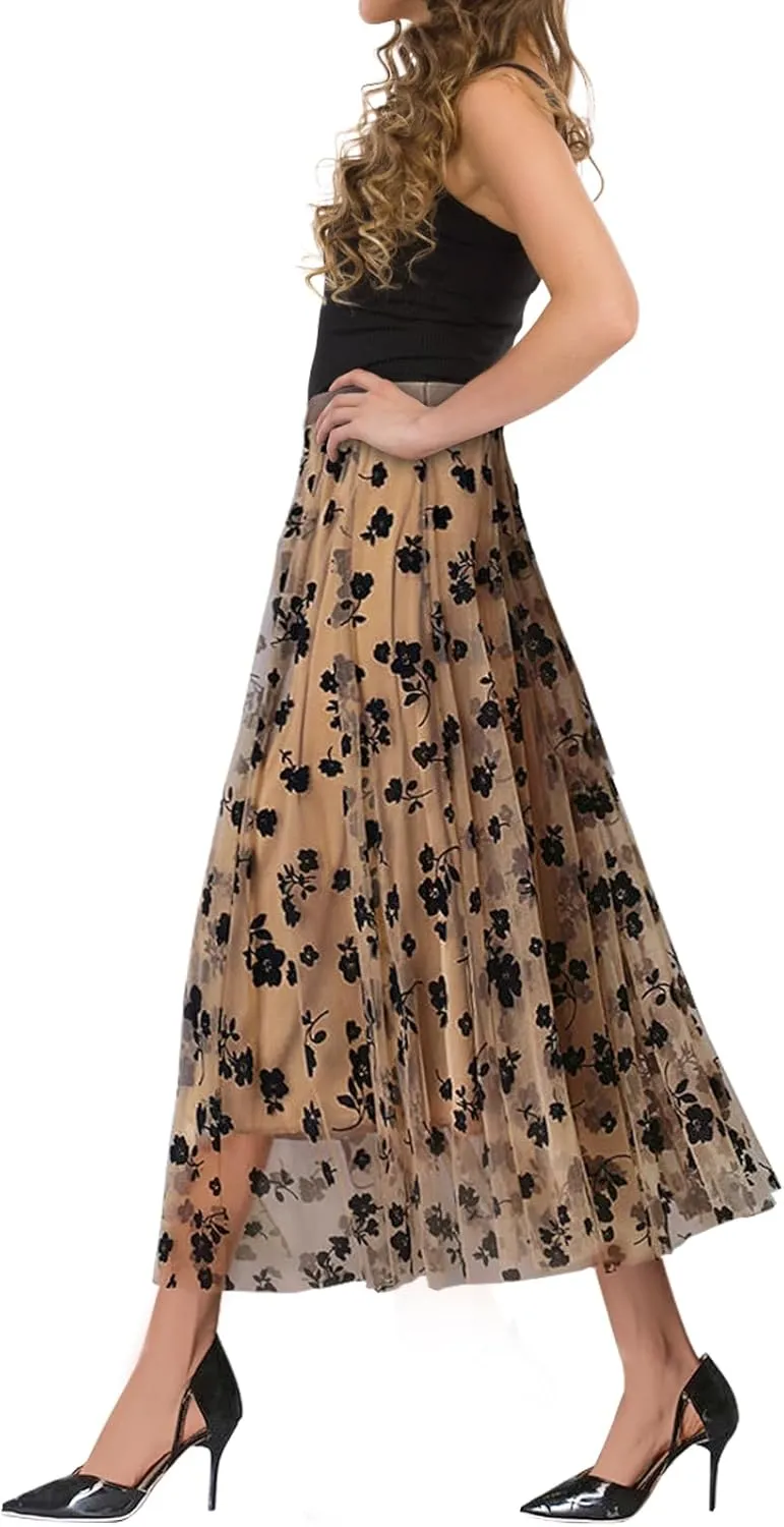 Women's A Line Tulle Midi Skirt Tutu Tiered Petticoat Skirts Tea-Length Elastic Waist Tutu Skirts