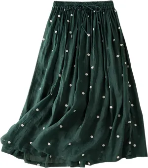 Women's Basic Elastic Waist Pleated Skirts Drawstring Tie Front Midi Skirt Flowy Casual A-Line Swing Skirt Dress