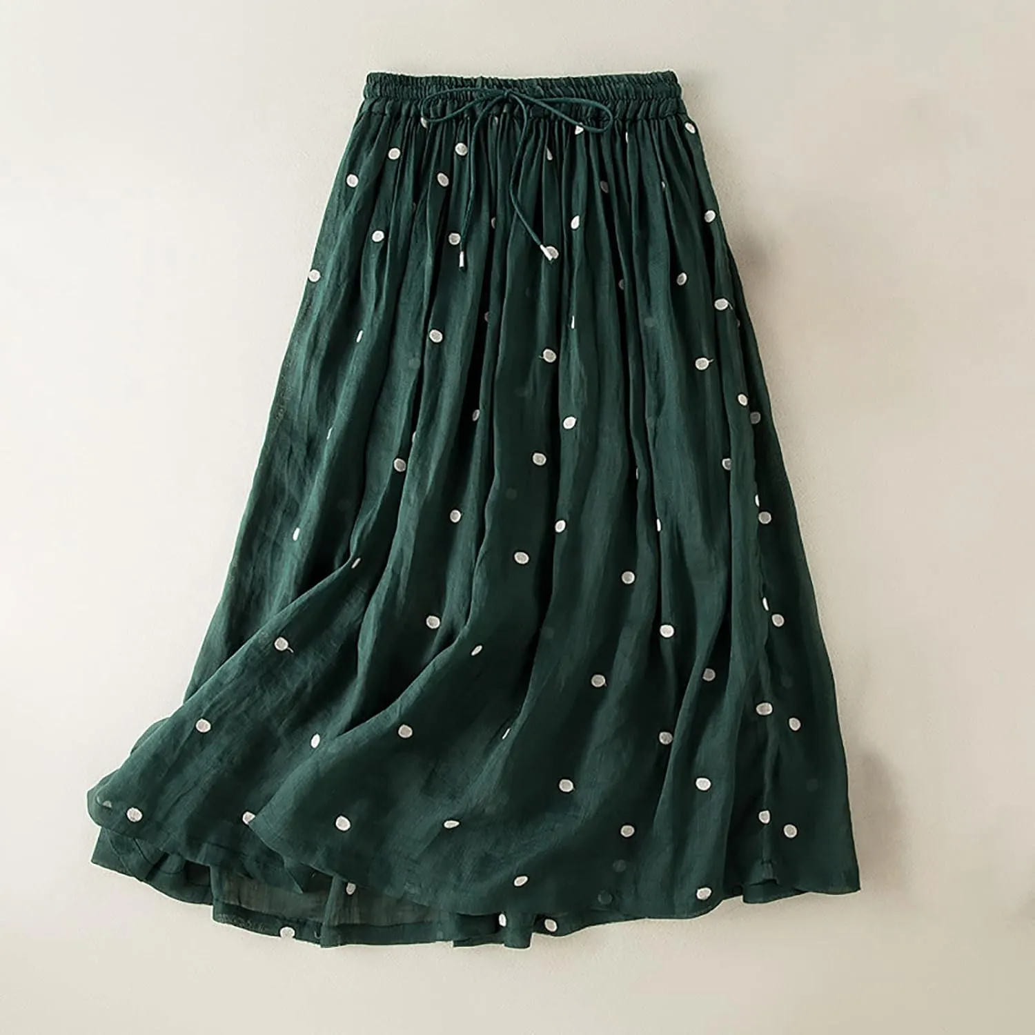 Women's Basic Elastic Waist Pleated Skirts Drawstring Tie Front Midi Skirt Flowy Casual A-Line Swing Skirt Dress