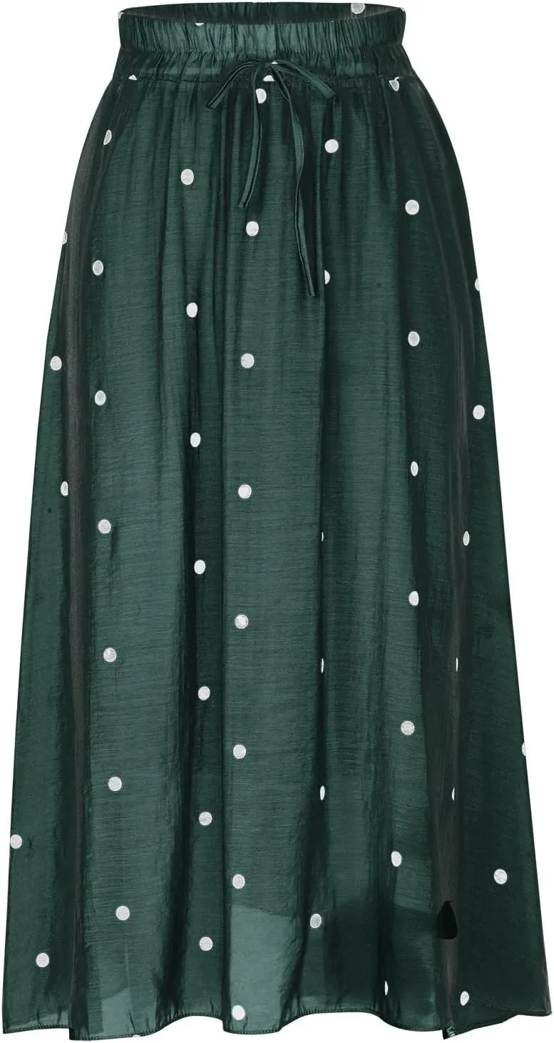 Women's Basic Elastic Waist Pleated Skirts Drawstring Tie Front Midi Skirt Flowy Casual A-Line Swing Skirt Dress