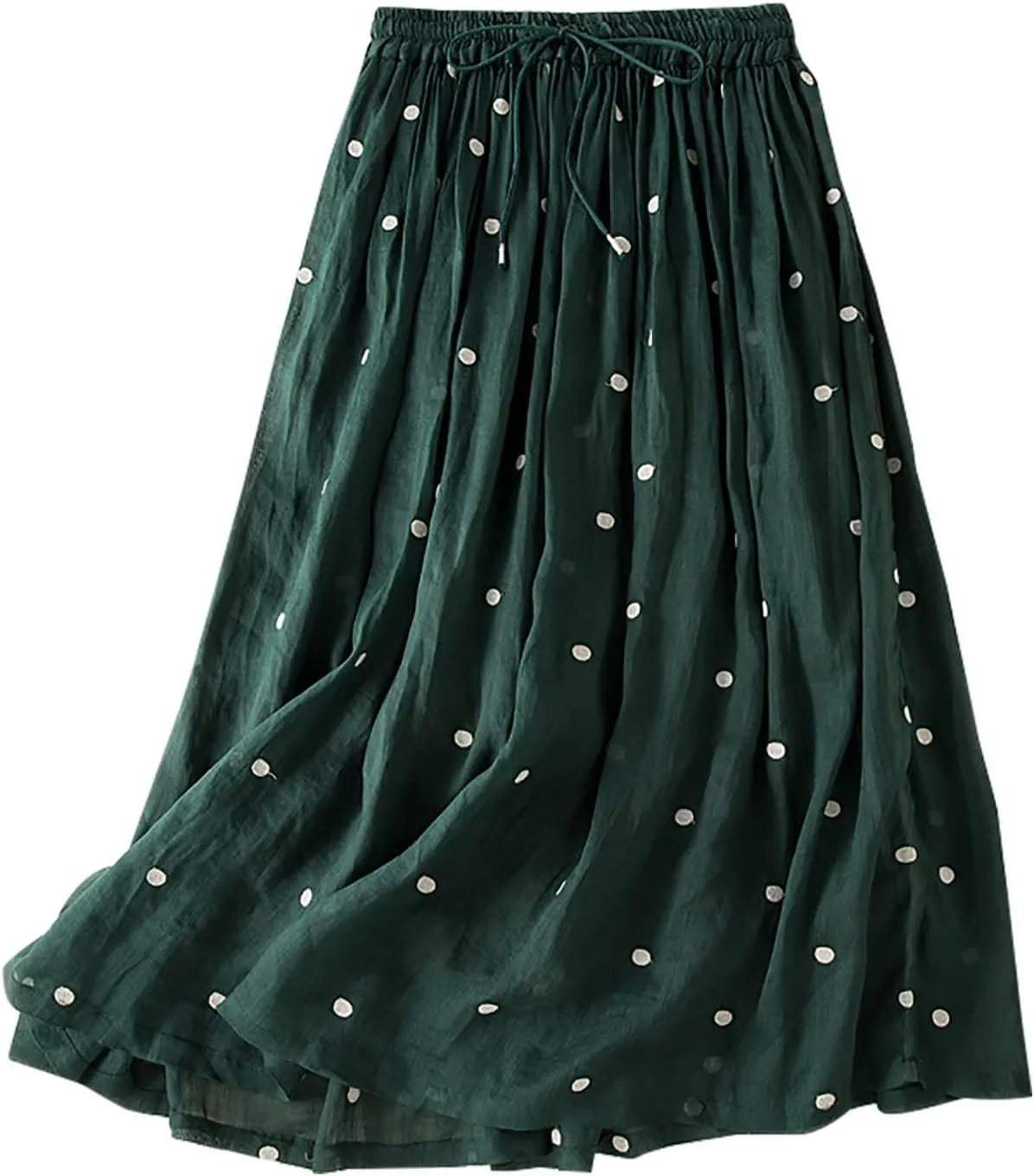 Women's Basic Elastic Waist Pleated Skirts Drawstring Tie Front Midi Skirt Flowy Casual A-Line Swing Skirt Dress