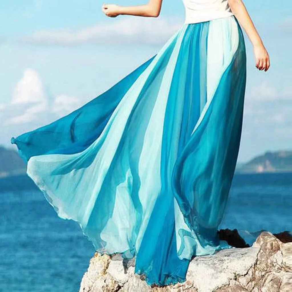 Women's Beach Maxi Skirts Elastic Waist Flowy Long Skirts Casual Lightweight Boho Chiffon Pleated A-Line Swing Skirts