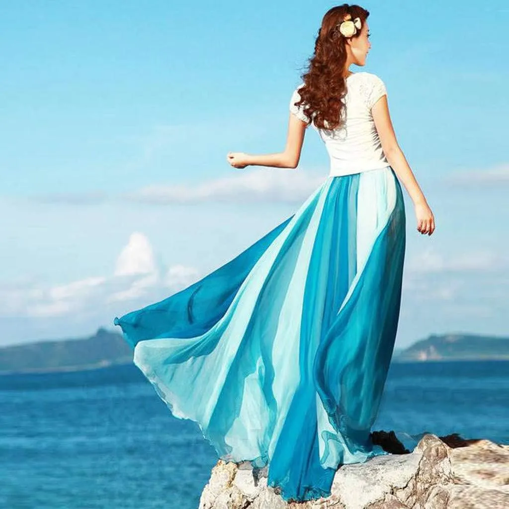 Women's Beach Maxi Skirts Elastic Waist Flowy Long Skirts Casual Lightweight Boho Chiffon Pleated A-Line Swing Skirts