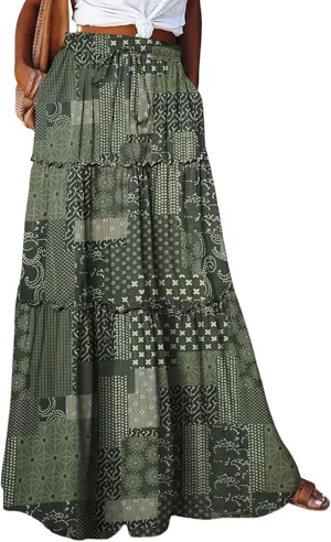Womens Boho Maxi Skirt with Pockets Cute Summer Flowy Floral Long Bohemian Skirts Hawaiian Elastic High Waisted Skirt