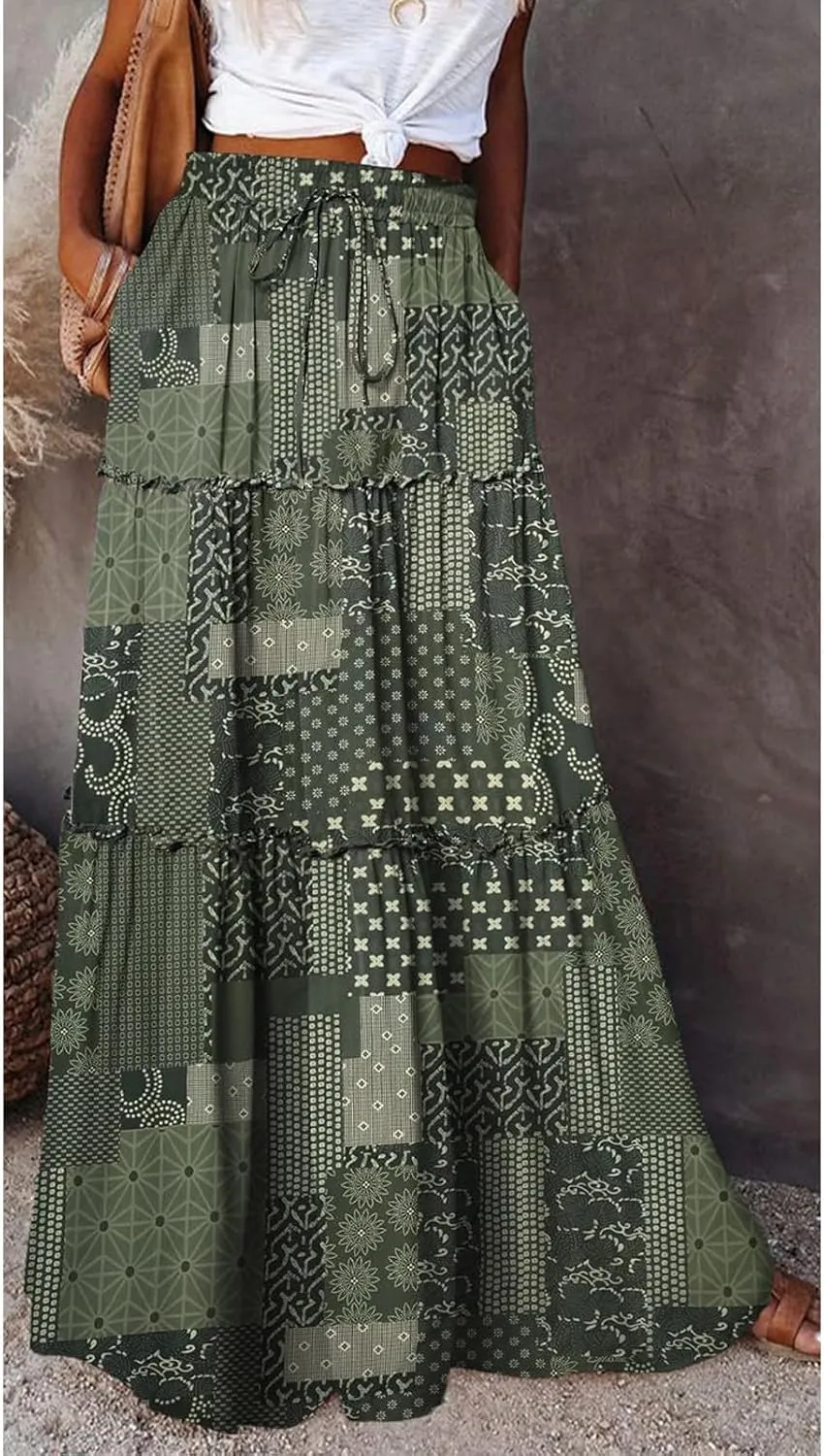 Womens Boho Maxi Skirt with Pockets Cute Summer Flowy Floral Long Bohemian Skirts Hawaiian Elastic High Waisted Skirt