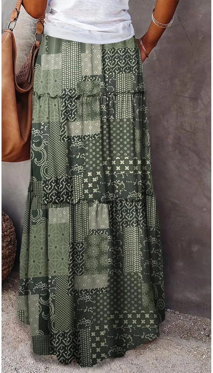 Womens Boho Maxi Skirt with Pockets Cute Summer Flowy Floral Long Bohemian Skirts Hawaiian Elastic High Waisted Skirt