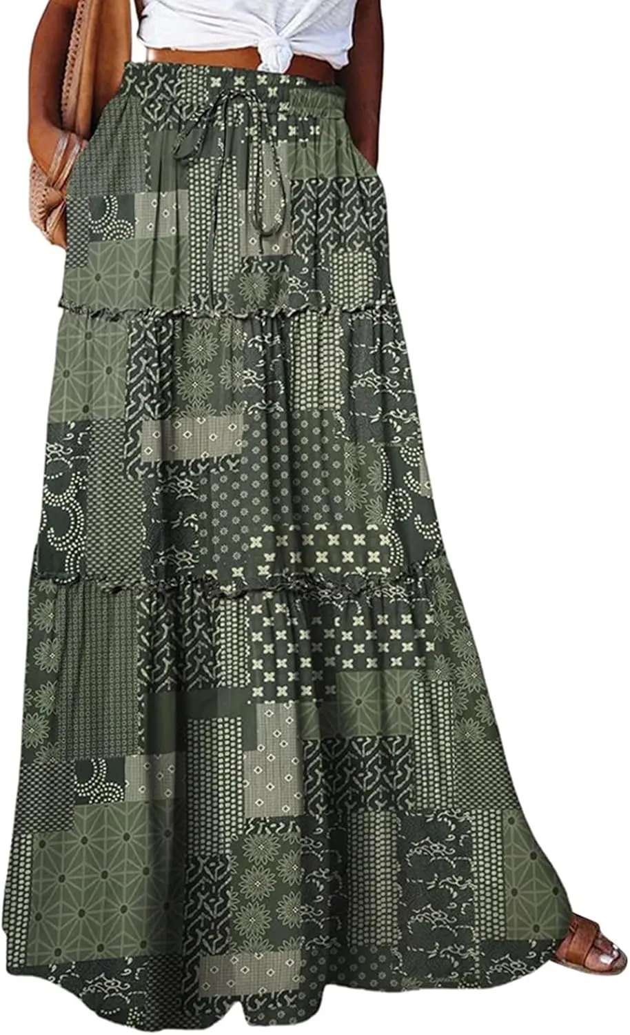 Womens Boho Maxi Skirt with Pockets Cute Summer Flowy Floral Long Bohemian Skirts Hawaiian Elastic High Waisted Skirt
