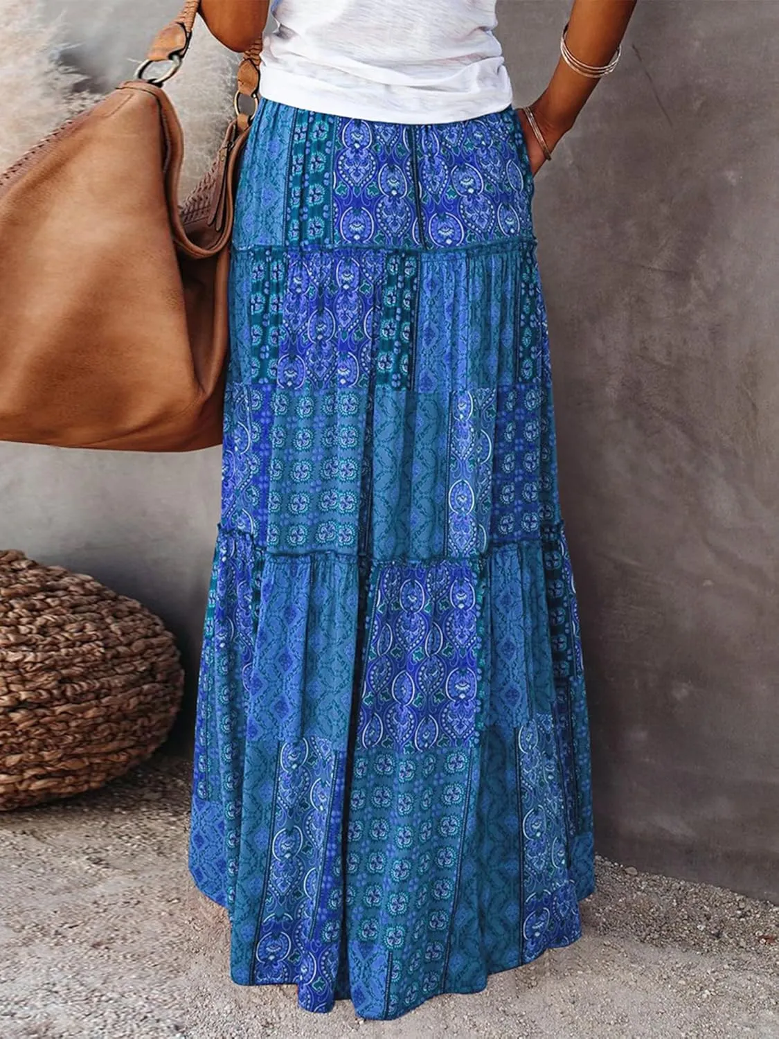 Womens Boho Print Tiered Long Skirts Vintage Elastic High Waist Pleated Ruffle Flowy Maxi Skirt with Pockets