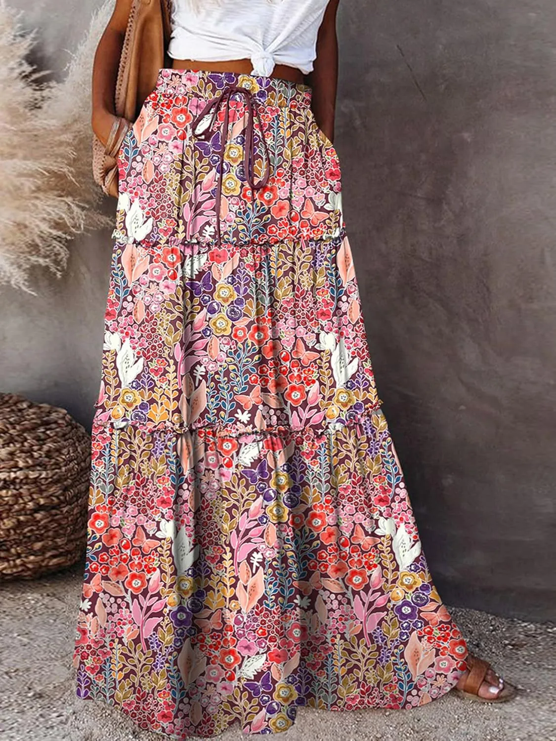 Womens Boho Print Tiered Long Skirts Vintage Elastic High Waist Pleated Ruffle Flowy Maxi Skirt with Pockets