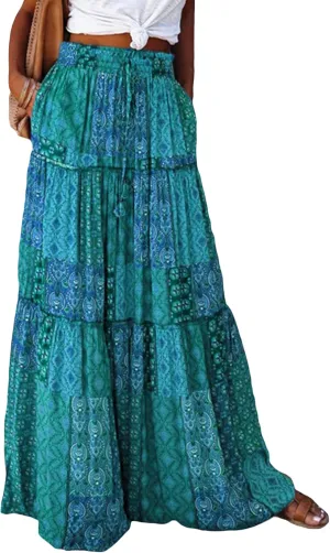 Womens Boho Print Tiered Long Skirts Vintage Elastic High Waist Pleated Ruffle Flowy Maxi Skirt with Pockets
