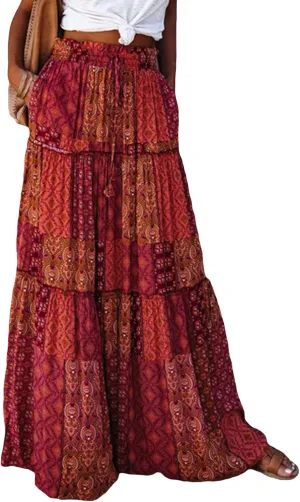 Womens Boho Print Tiered Long Skirts Vintage Elastic High Waist Pleated Ruffle Flowy Maxi Skirt with Pockets