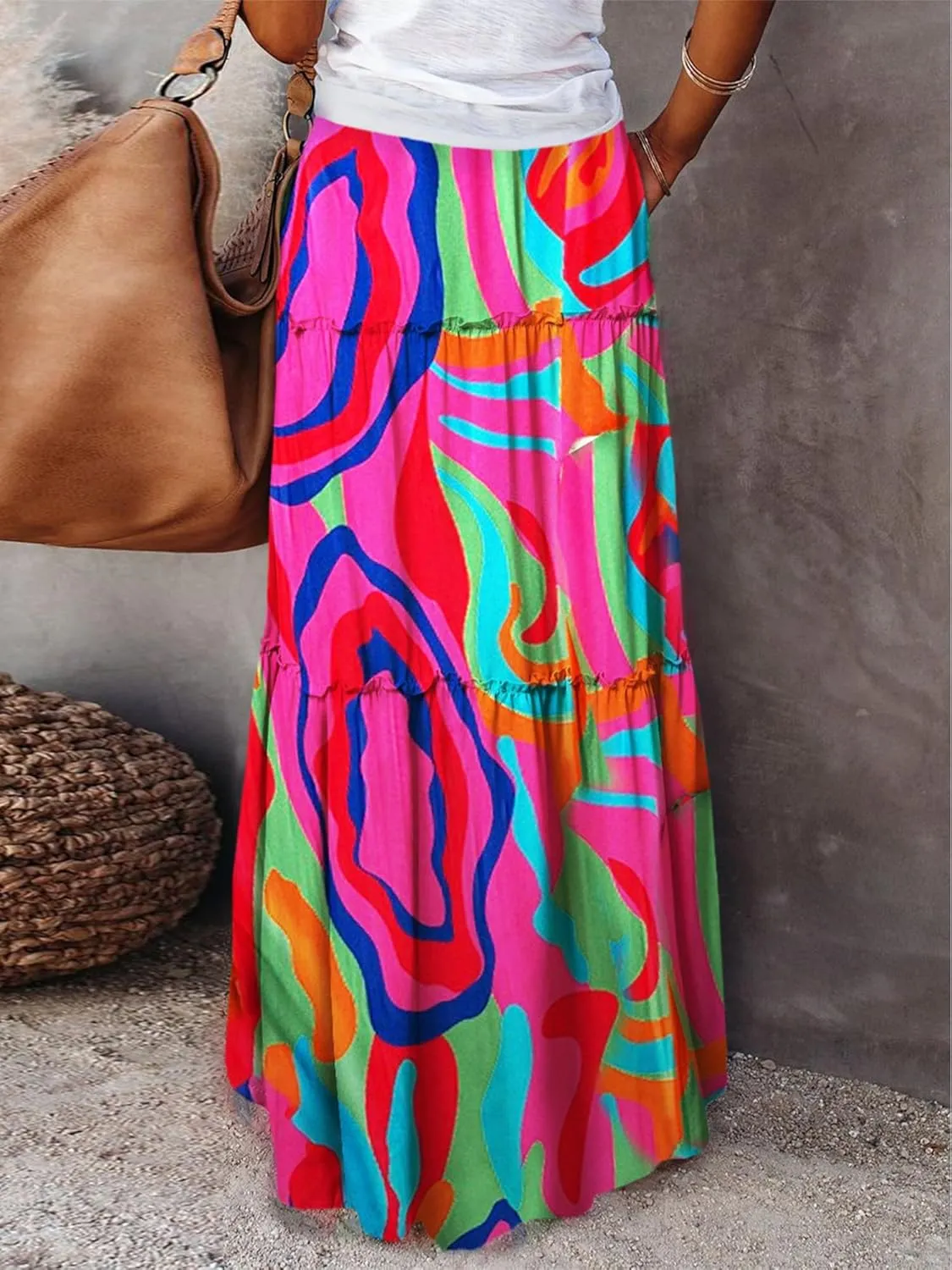 Womens Boho Print Tiered Long Skirts Vintage Elastic High Waist Pleated Ruffle Flowy Maxi Skirt with Pockets
