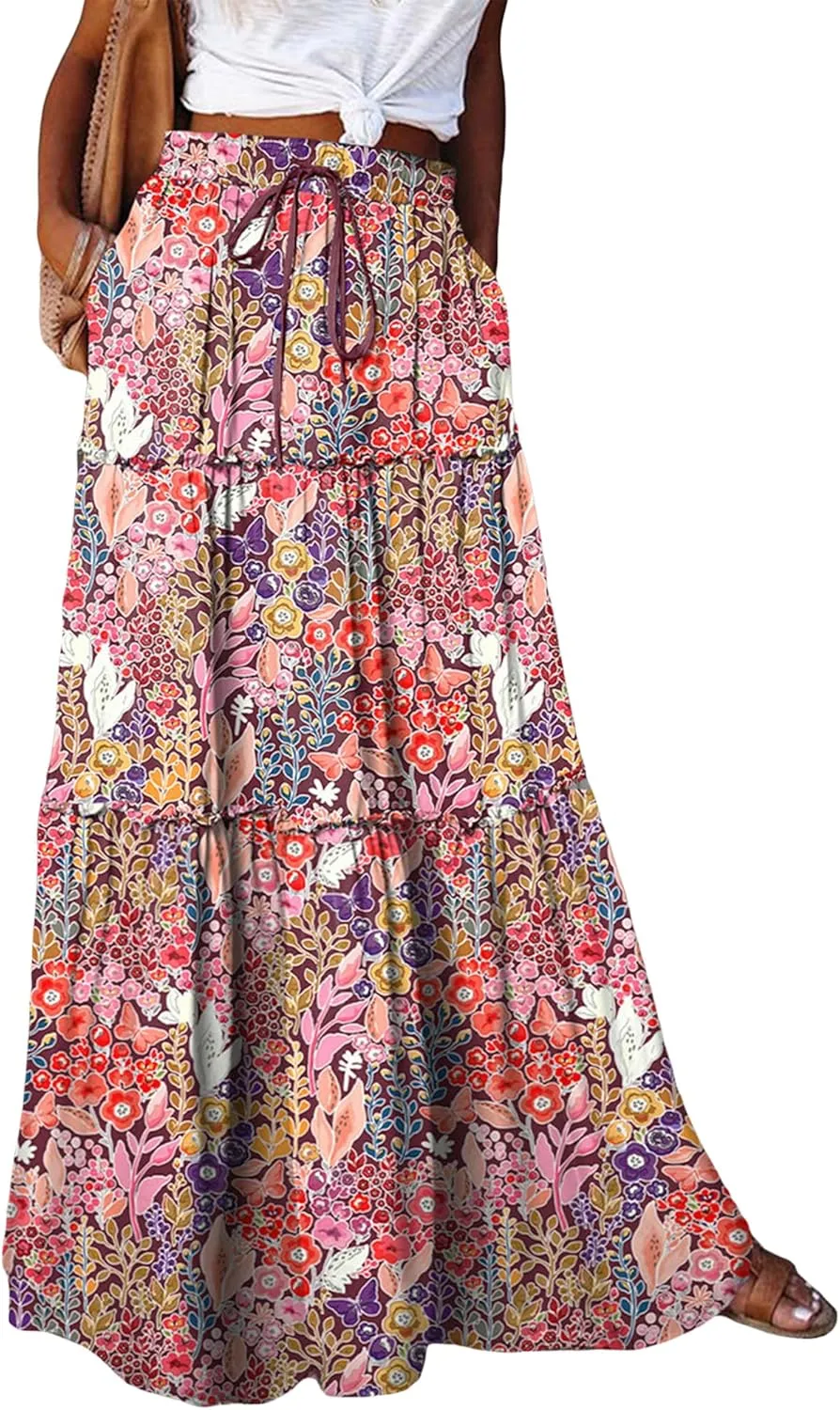 Womens Boho Print Tiered Long Skirts Vintage Elastic High Waist Pleated Ruffle Flowy Maxi Skirt with Pockets
