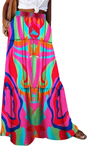 Womens Boho Print Tiered Long Skirts Vintage Elastic High Waist Pleated Ruffle Flowy Maxi Skirt with Pockets