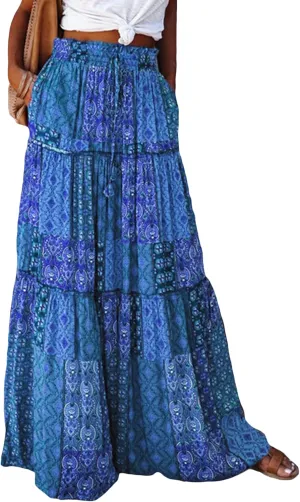 Womens Boho Print Tiered Long Skirts Vintage Elastic High Waist Pleated Ruffle Flowy Maxi Skirt with Pockets