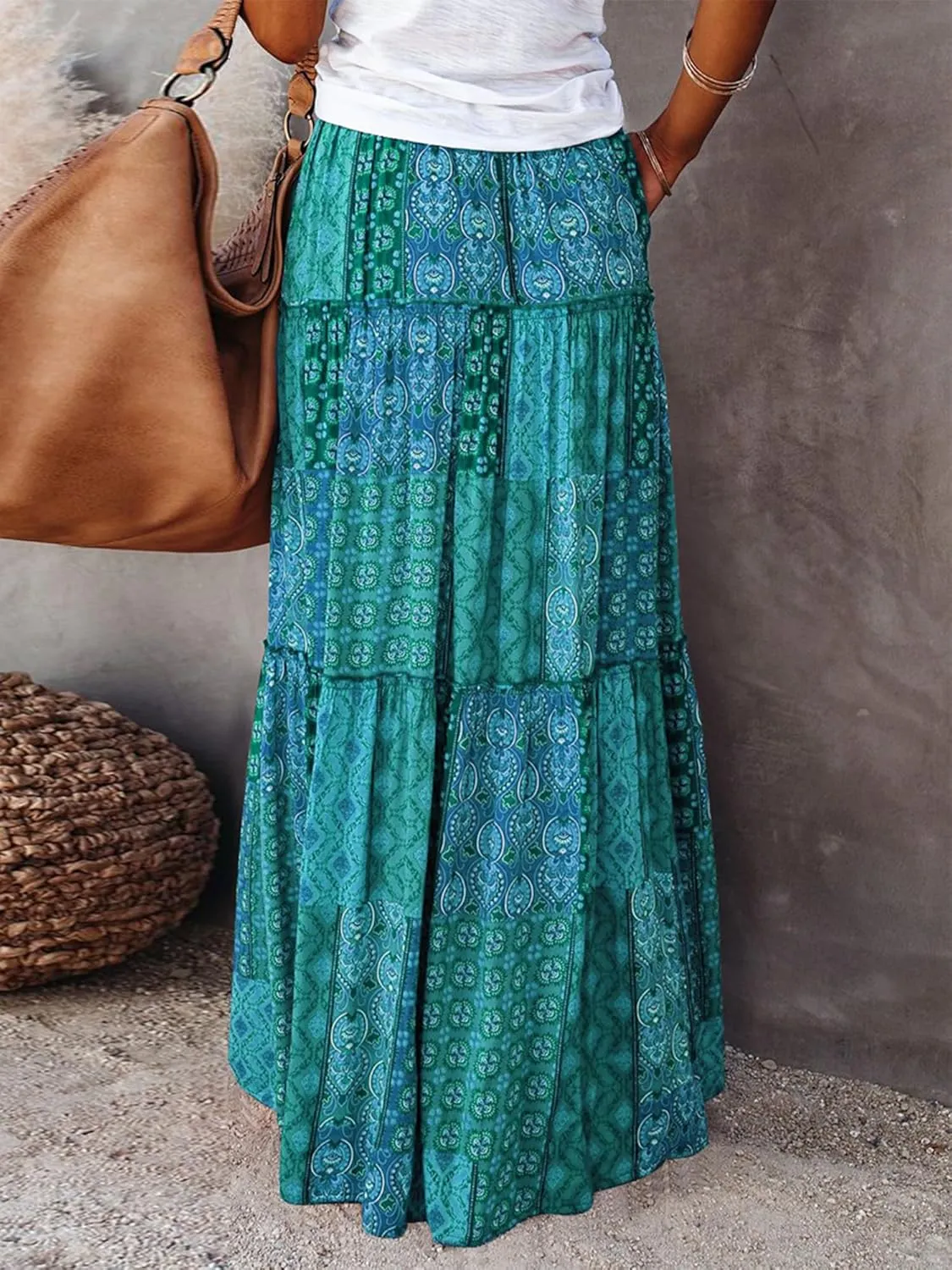 Womens Boho Print Tiered Long Skirts Vintage Elastic High Waist Pleated Ruffle Flowy Maxi Skirt with Pockets