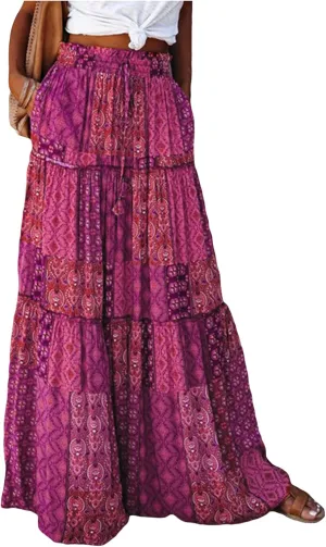 Womens Boho Print Tiered Long Skirts Vintage Elastic High Waist Pleated Ruffle Flowy Maxi Skirt with Pockets