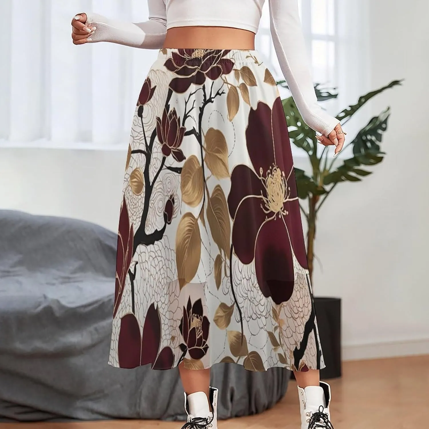 Womens Casual Chiffon High Waisted A Line Flowy Midi Skirts