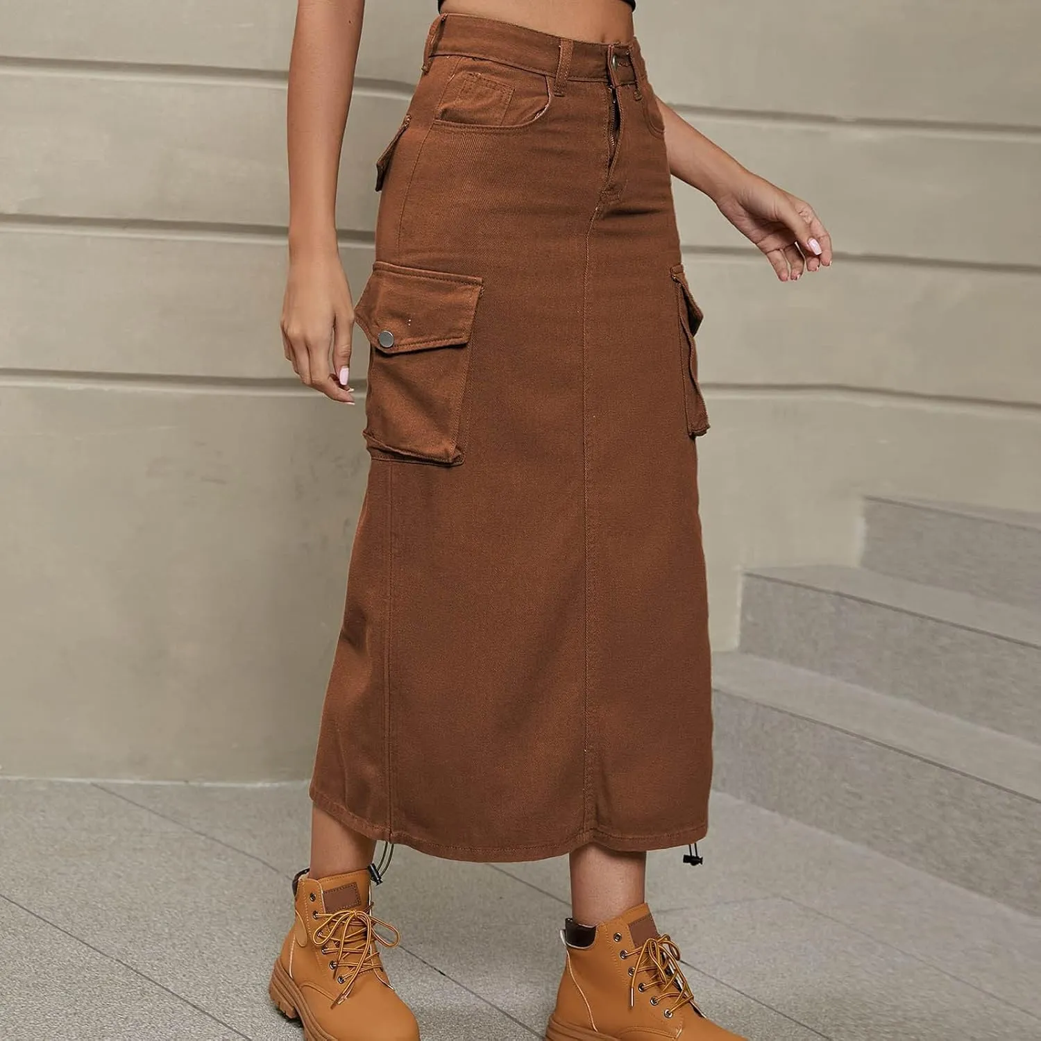 Women's Casual High Waist Maxi Skirt Denim Jean Cargo Skirts with Pockets A-Line Solid Bodycon Dress Skort