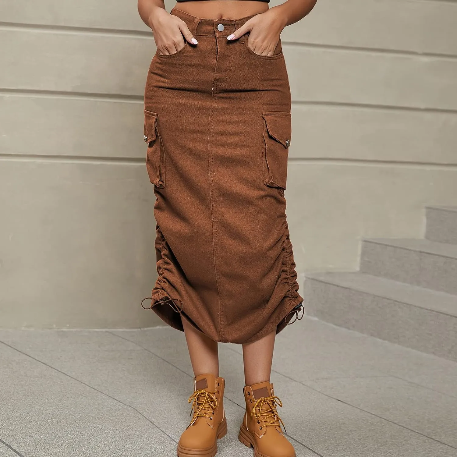 Women's Casual High Waist Maxi Skirt Denim Jean Cargo Skirts with Pockets A-Line Solid Bodycon Dress Skort