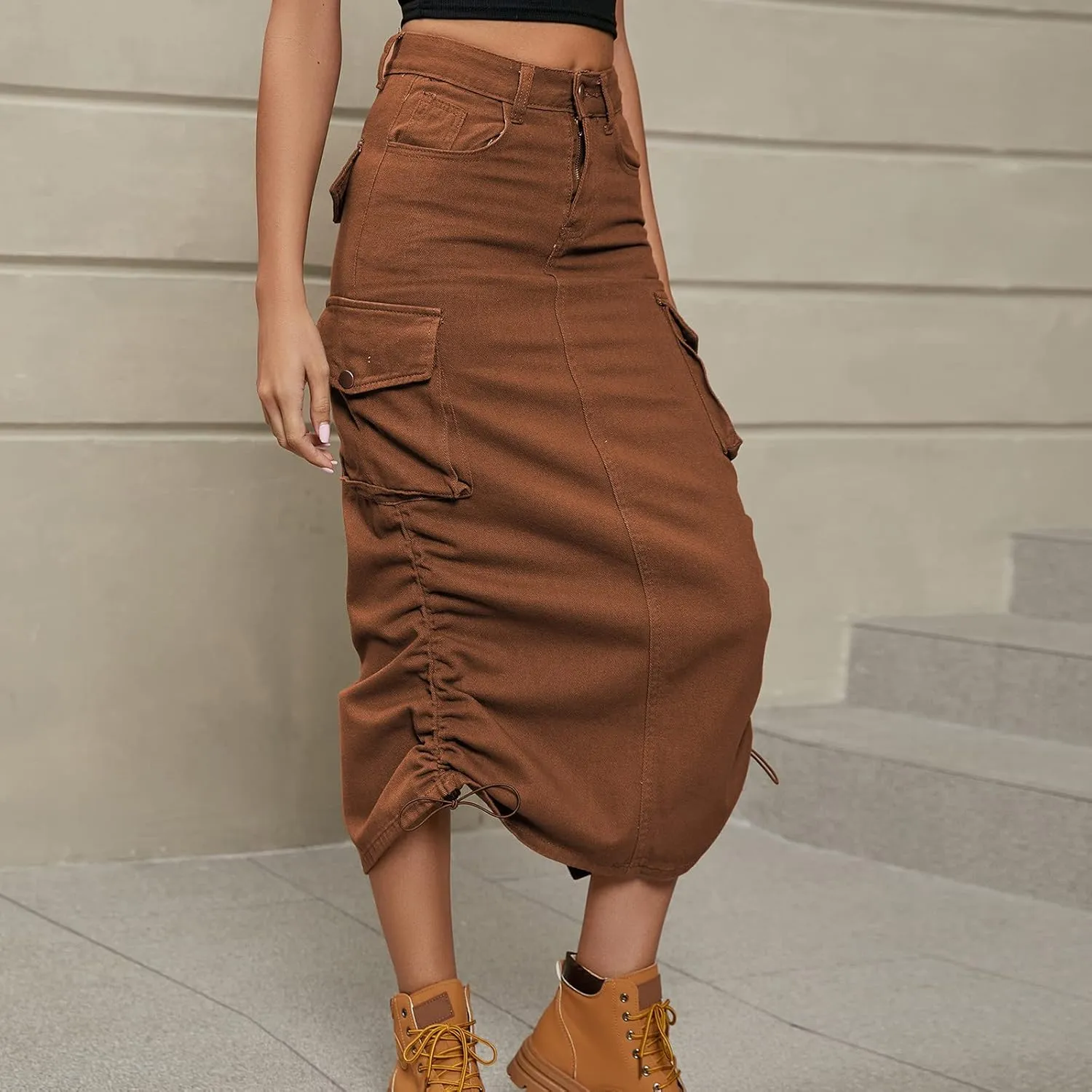 Women's Casual High Waist Maxi Skirt Denim Jean Cargo Skirts with Pockets A-Line Solid Bodycon Dress Skort
