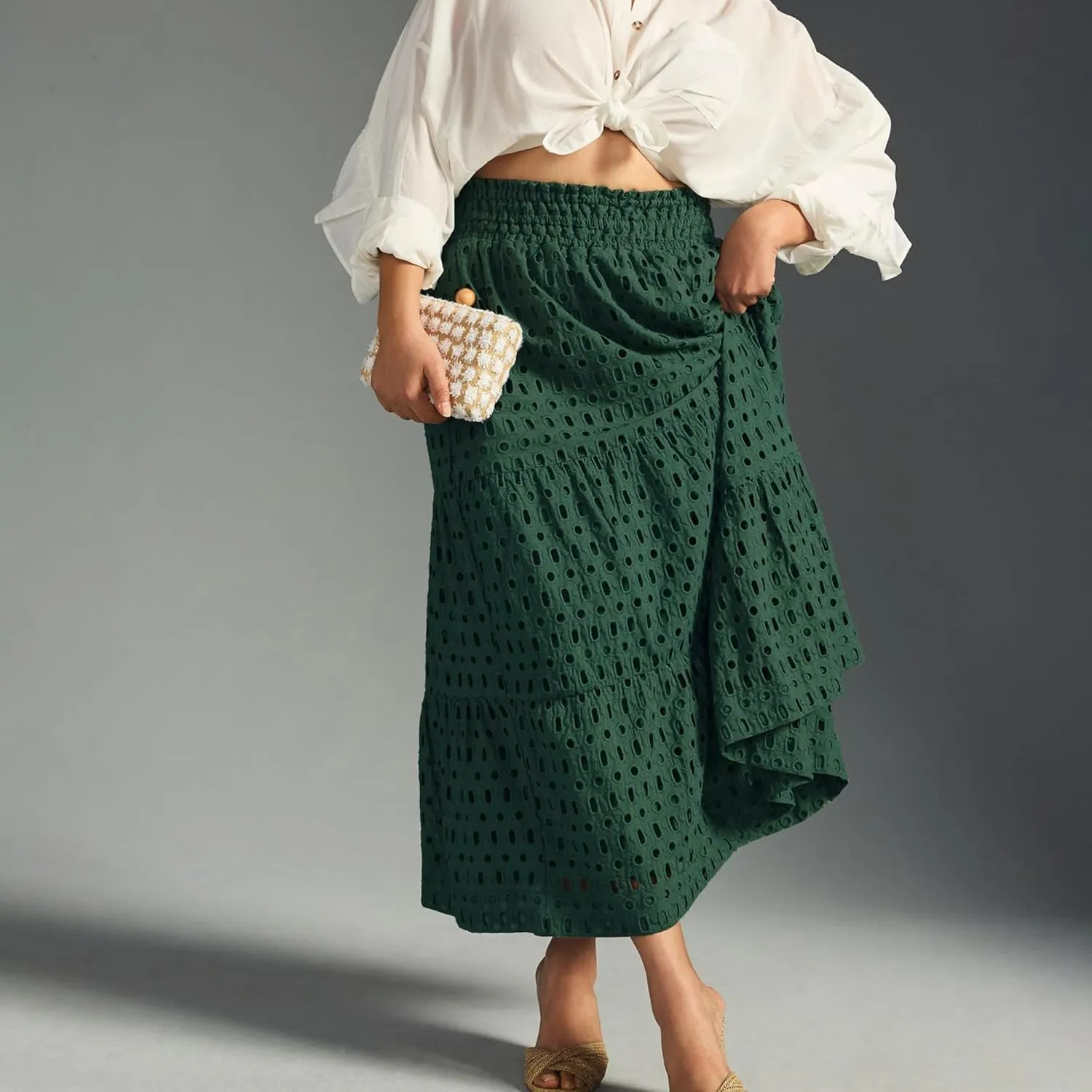 Women's Casual Maxi Skirt Elastic High Waist Tiered Long Maxi Skirt