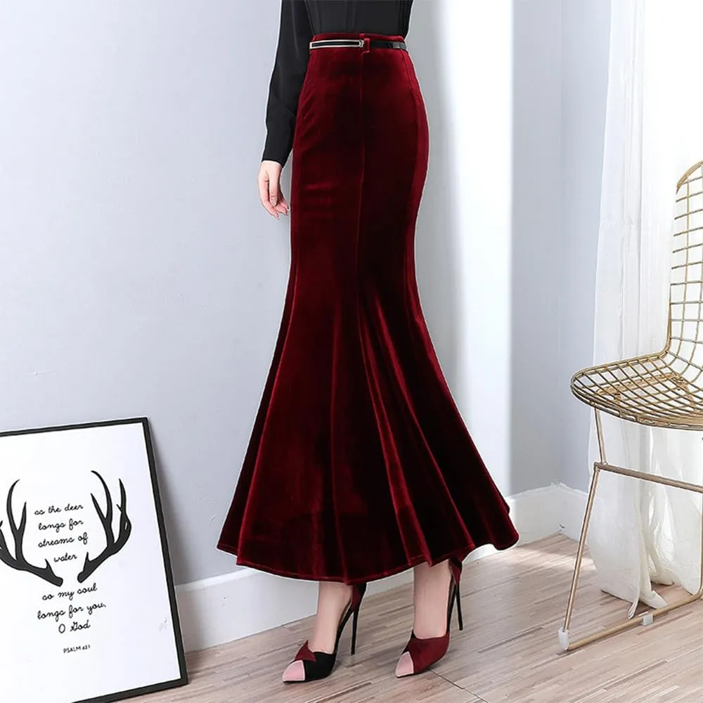 Women's Classic High Waist Solid Fishtail Mermaid Long Skirt for Evening Party Black Ruffle Victorian Retro Skirts