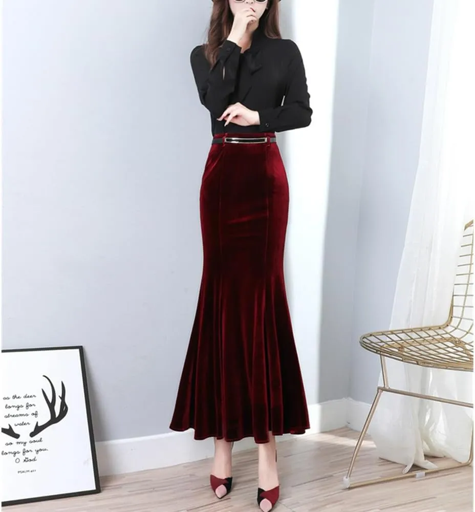 Women's Classic High Waist Solid Fishtail Mermaid Long Skirt for Evening Party Black Ruffle Victorian Retro Skirts