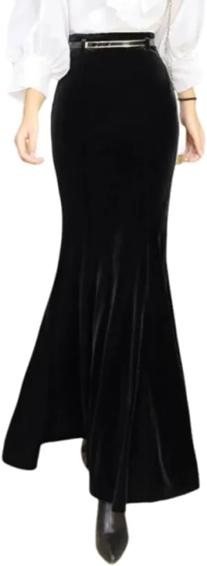 Women's Classic High Waist Solid Fishtail Mermaid Long Skirt for Evening Party Black Ruffle Victorian Retro Skirts
