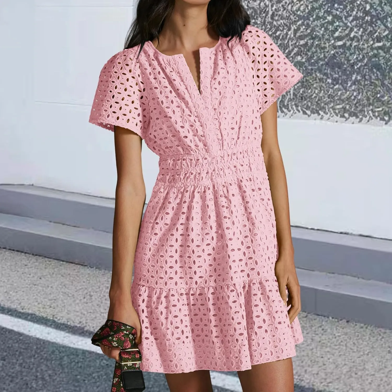 Women's Comfy Midi Dress Summer Beach Sundress V-Neck A-line Skirts Hollow Lace Pleated Short Sleeve Mini Dresses