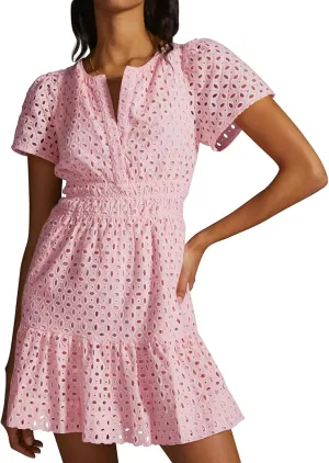 Women's Comfy Midi Dress Summer Beach Sundress V-Neck A-line Skirts Hollow Lace Pleated Short Sleeve Mini Dresses