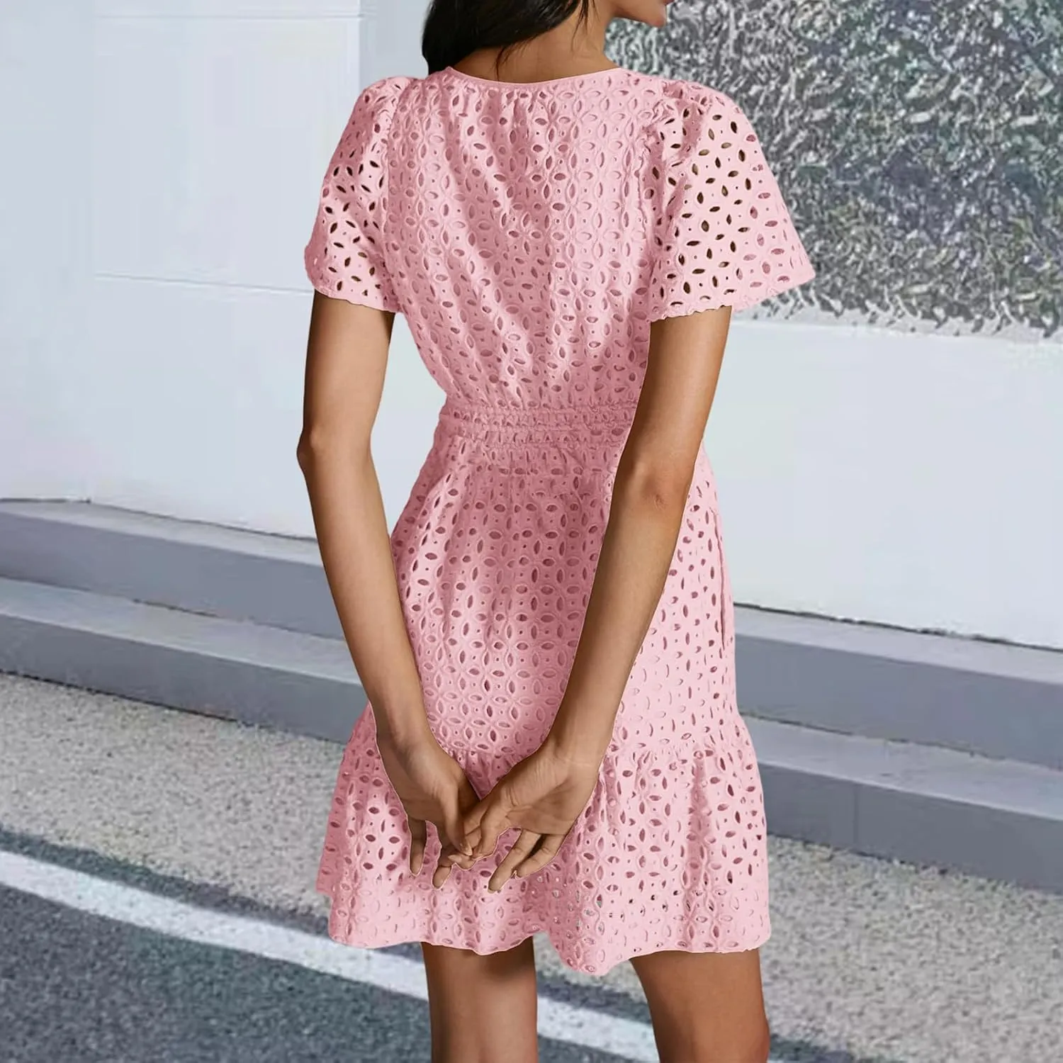 Women's Comfy Midi Dress Summer Beach Sundress V-Neck A-line Skirts Hollow Lace Pleated Short Sleeve Mini Dresses
