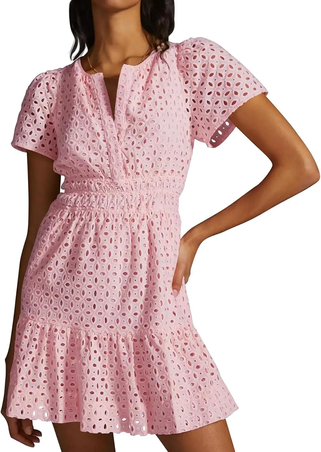 Women's Comfy Midi Dress Summer Beach Sundress V-Neck A-line Skirts Hollow Lace Pleated Short Sleeve Mini Dresses