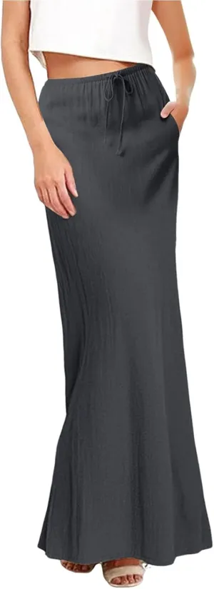 Womens Cotton Linen Maxi Skirt Trendy Boho Spring Summmer A Line Skirts Drawstring Waist Long Flowy Skirts
