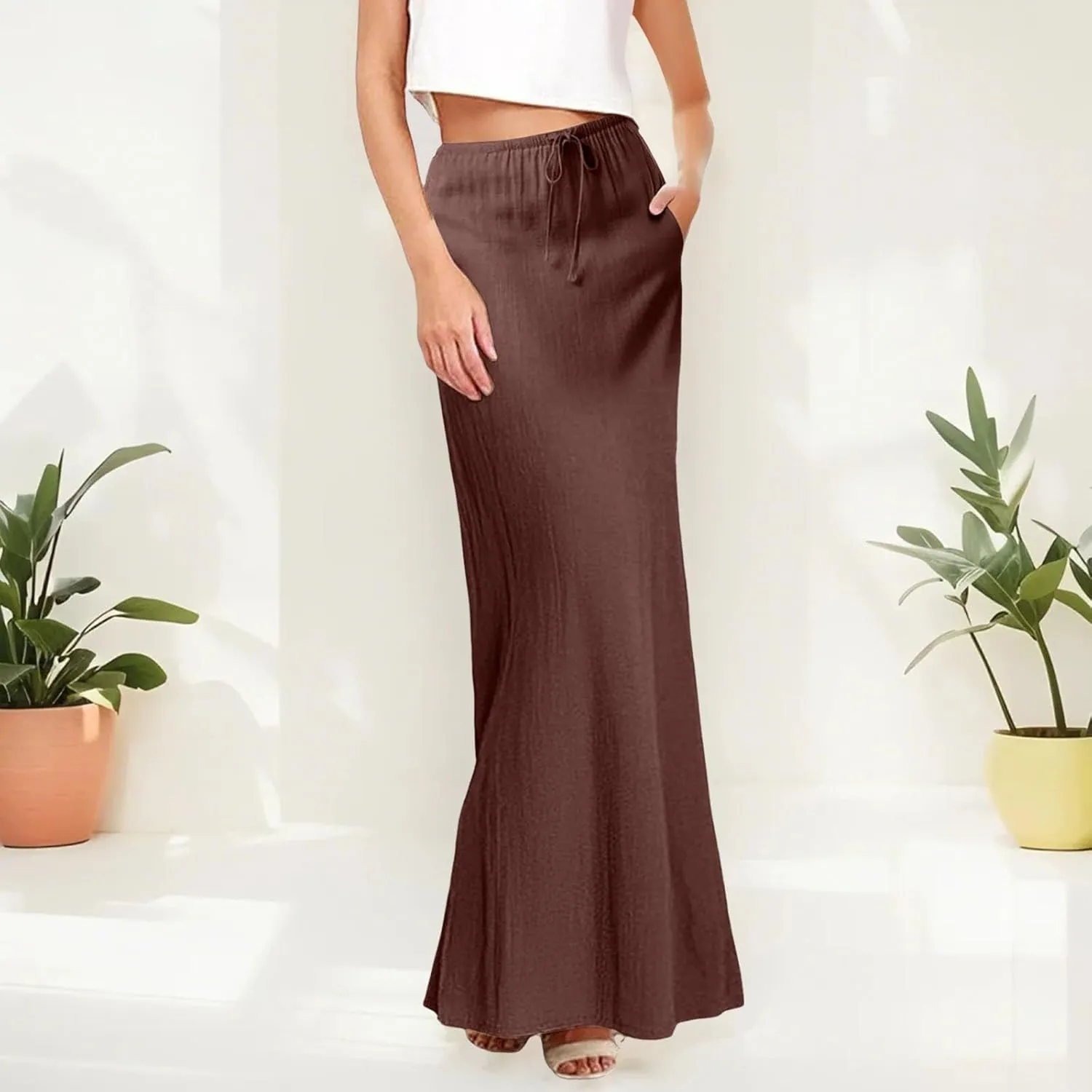 Womens Cotton Linen Maxi Skirt Trendy Boho Spring Summmer A Line Skirts Drawstring Waist Long Flowy Skirts