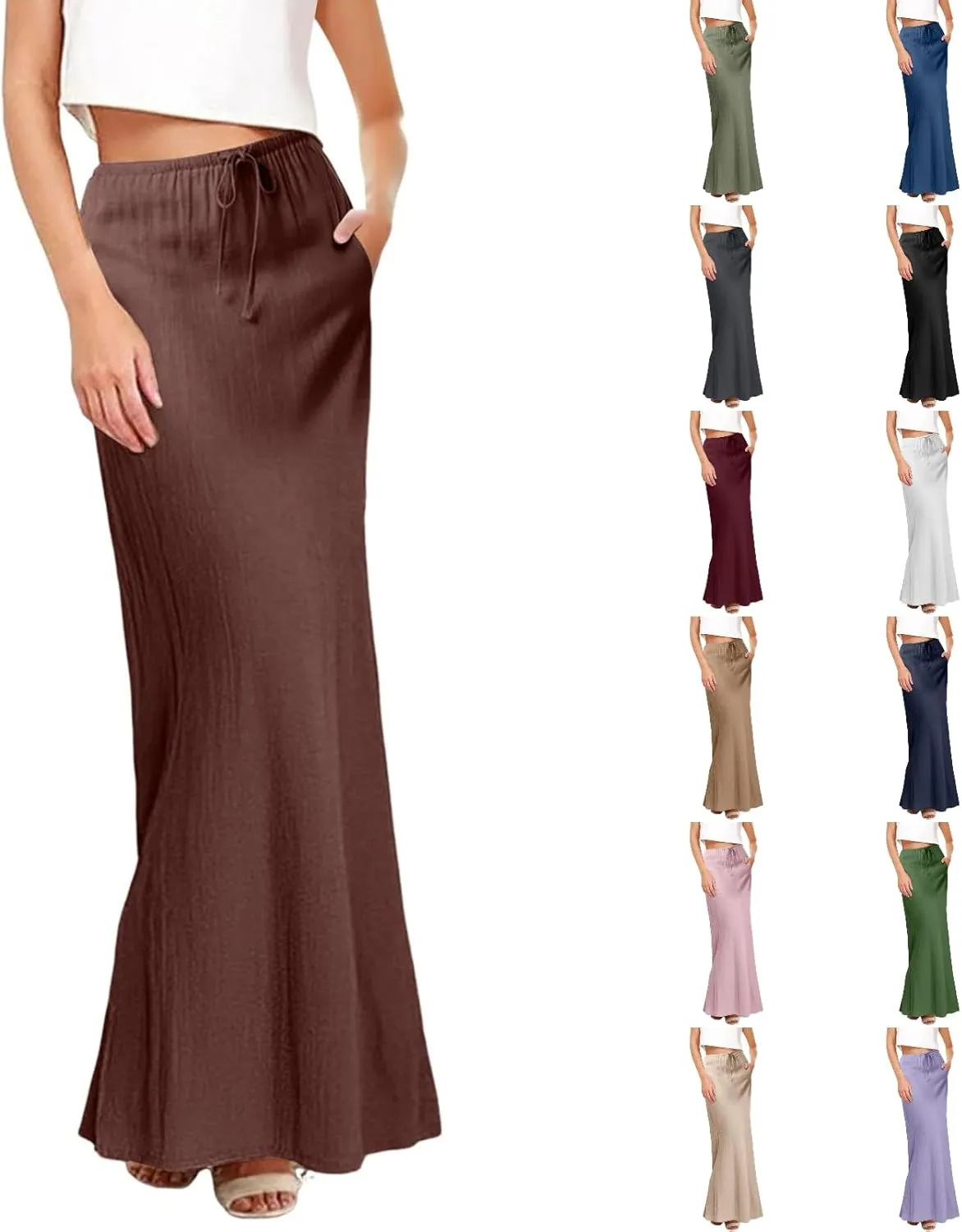 Womens Cotton Linen Maxi Skirt Trendy Boho Spring Summmer A Line Skirts Drawstring Waist Long Flowy Skirts